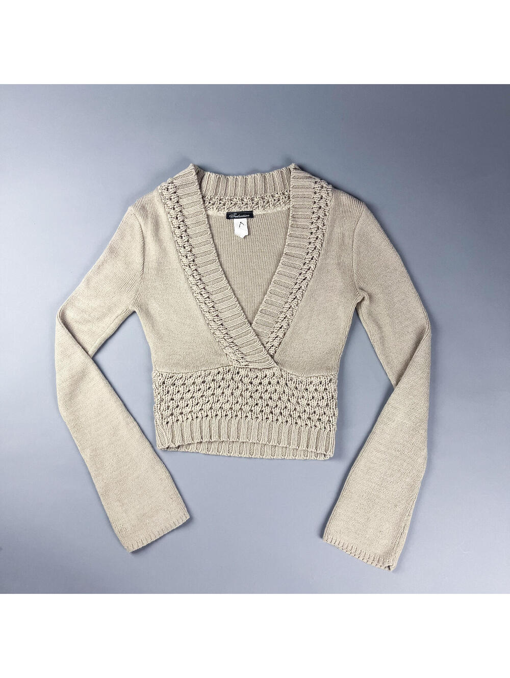 Y2K Beige Knit Sweater with Deep V Neck